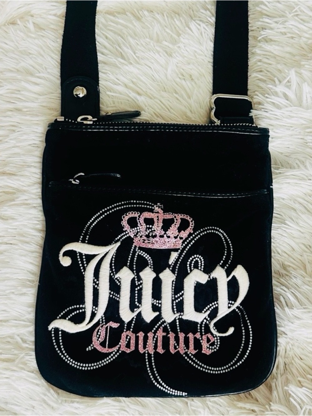 Juicy Couture Y2K Black Velour Crossbody Bag – 2011 Vintage Pink Sparkles